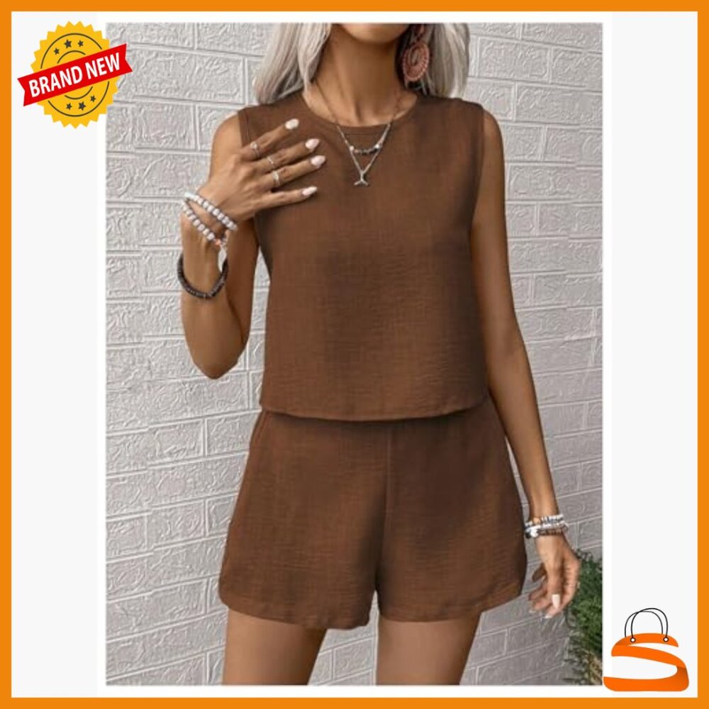 Large Polyester 2-Piece Short Set, Sleeveless Tan… - image 2